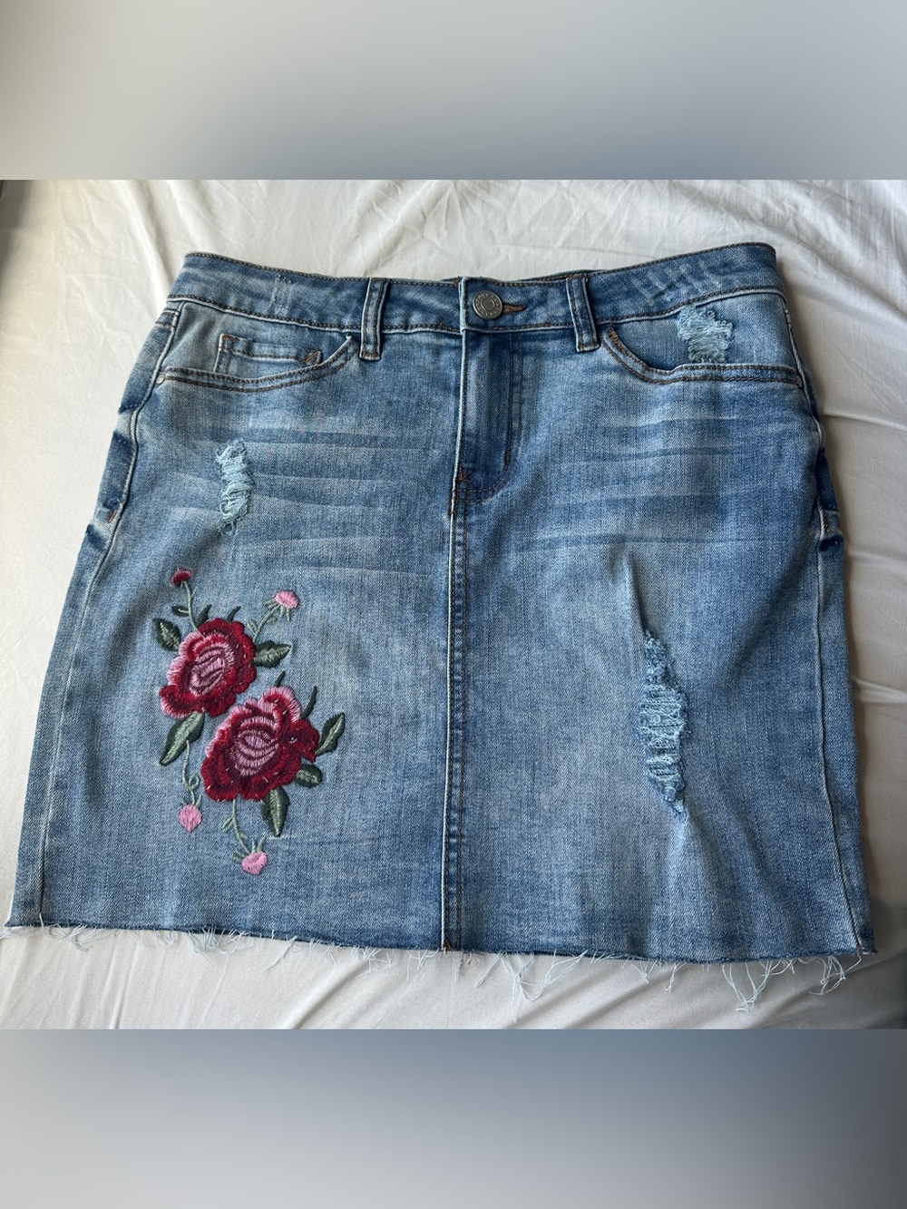 refuge Blue Denim Mini Skirt with Red Floral Embroidery